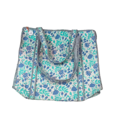 Handmade Floral Print Tote Bag – Premium Fabric Reusable Shopping & Everyday Carry Bag ( Light Blue Floral Print)