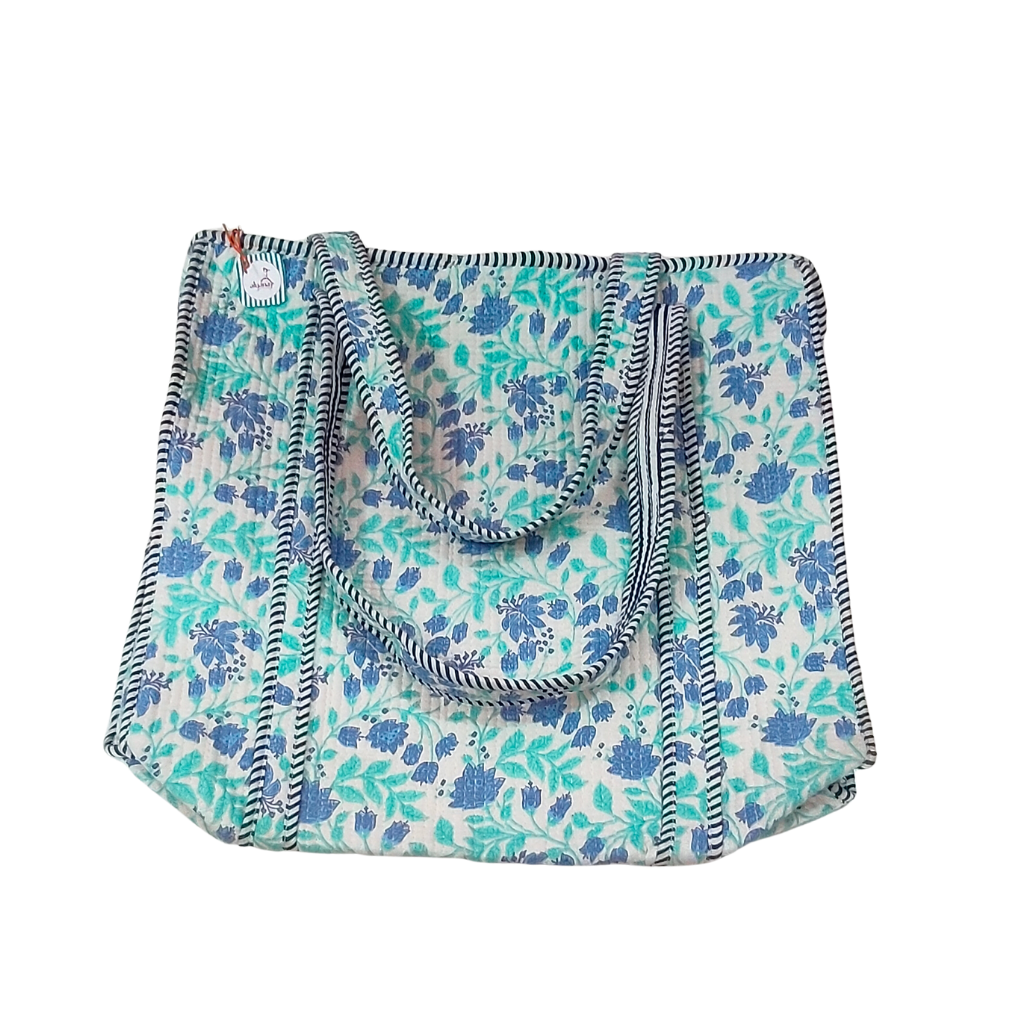 Handmade Floral Print Tote Bag – Premium Fabric Reusable Shopping & Everyday Carry Bag ( Light Blue Floral Print)