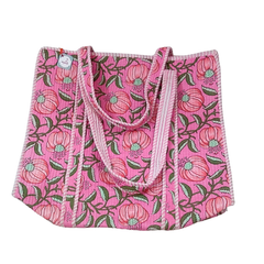 Handmade Floral Print Tote Bag – Premium Fabric Reusable Shopping & Everyday Carry Bag ( Pink Floral Print Style 2)