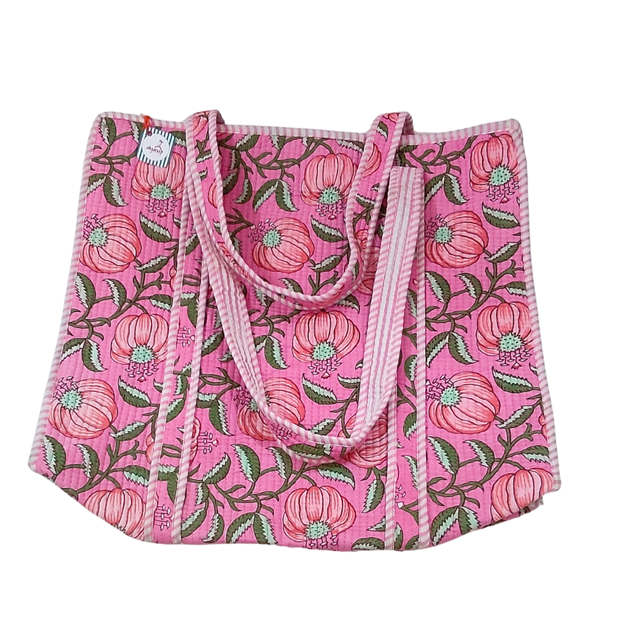 Handmade Floral Print Tote Bag – Premium Fabric Reusable Shopping & Everyday Carry Bag ( Pink Floral Print Style 2)