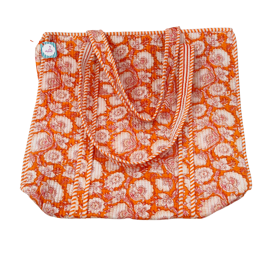 Handmade Floral Print Tote Bag – Premium Fabric Reusable Shopping & Everyday Carry Bag (Orange Print)