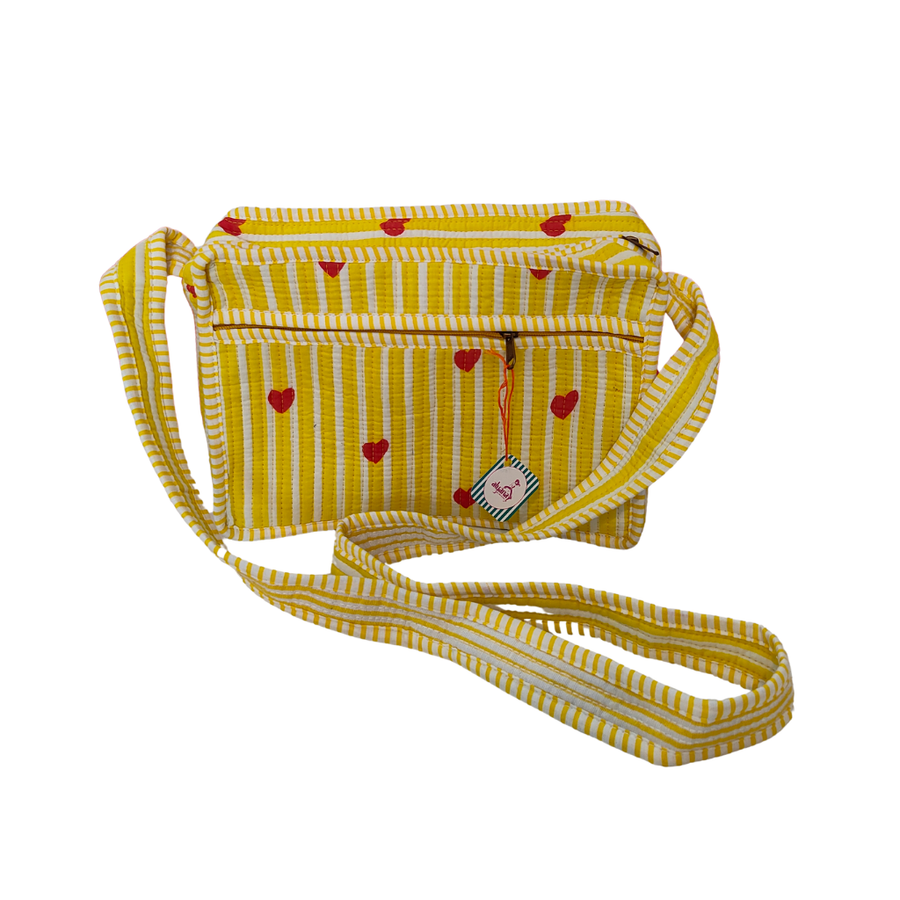 Women's Fabric Side Sling Bag with Zipper – Yellow Striped Heart Print Crossbody Bag (Yellow Striped)