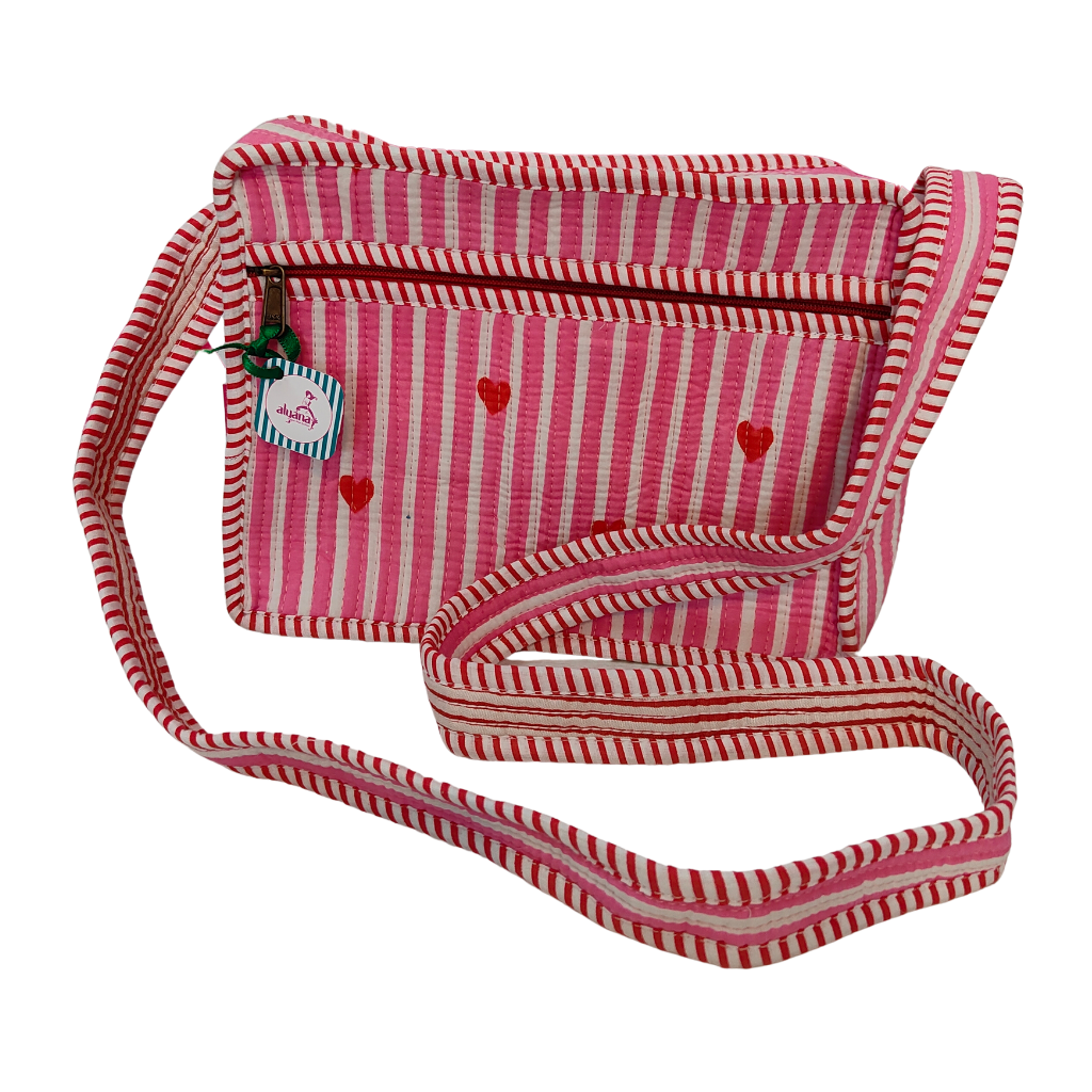 Women's Fabric Side Sling Bag with Zipper – Yellow Striped Heart Print Crossbody Bag (Pink Stripes)