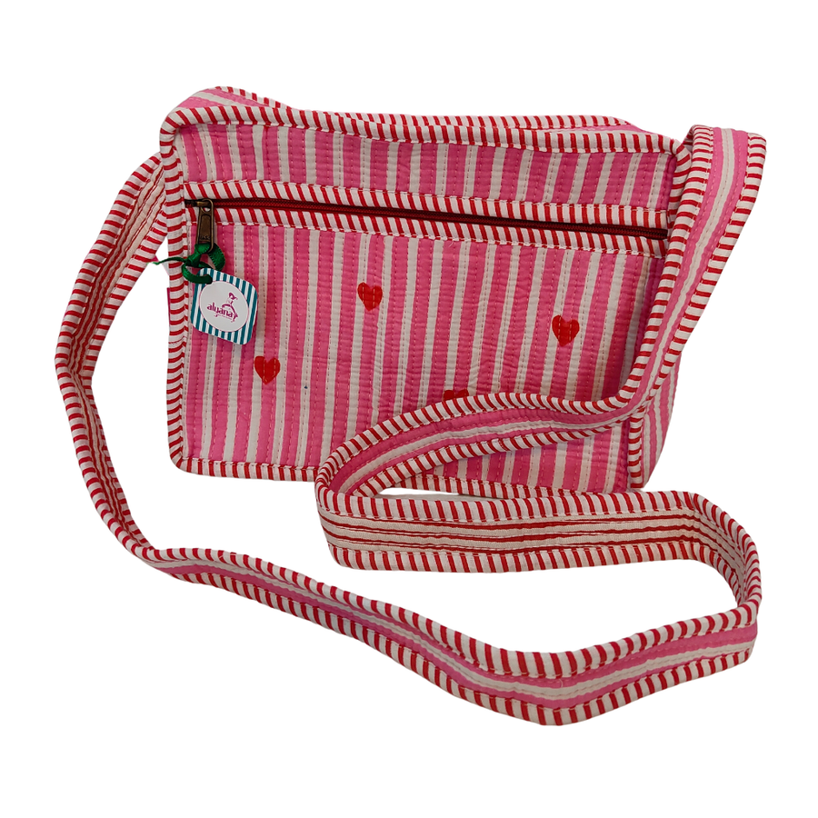 Women's Fabric Side Sling Bag with Zipper – Yellow Striped Heart Print Crossbody Bag (Pink Stripes)