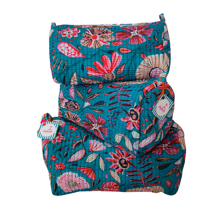 Multipurpose Cotton Fabric Pouches Set of 3 – Floral Travel, Makeup & Organizer Bags (Blue Floral Print)