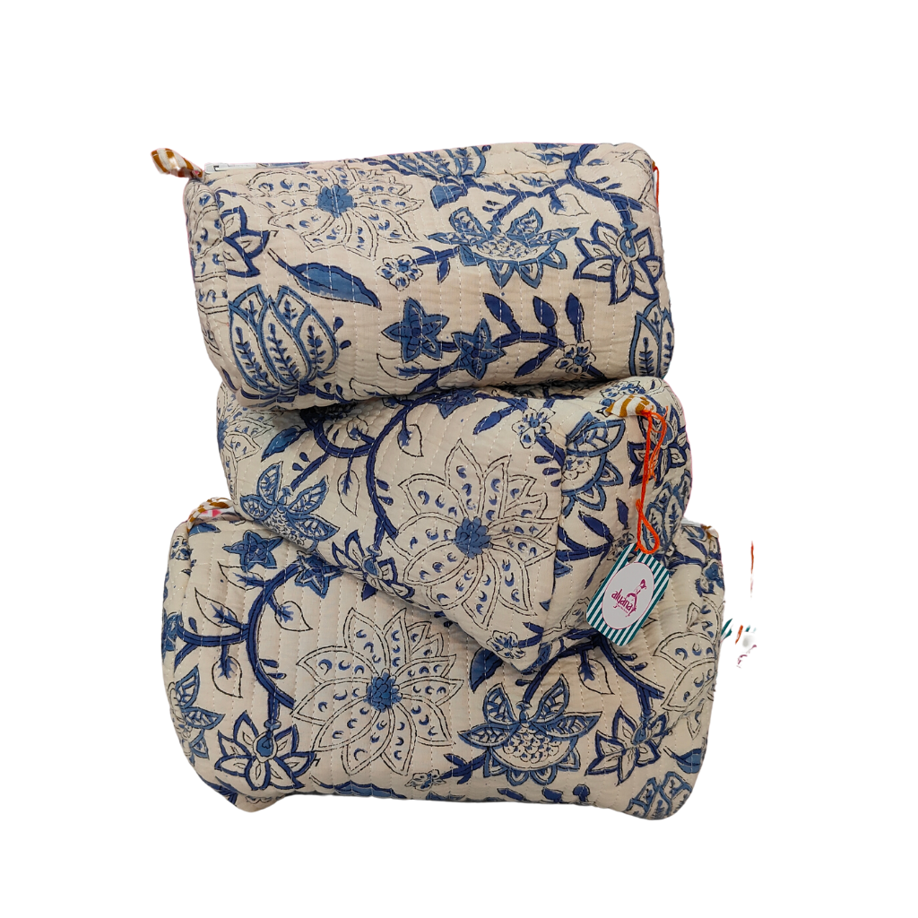 Multipurpose Cotton Fabric Pouches Set of 3 – Floral Travel, Makeup & Organizer Bags (Floral Print White Base)