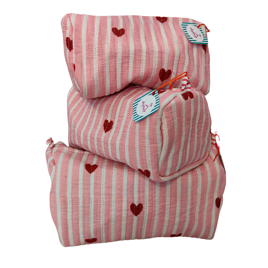 Multipurpose Cotton Fabric Pouches Set of 3 – Floral Travel, Makeup & Organizer Bags (Pink with White Stripes)