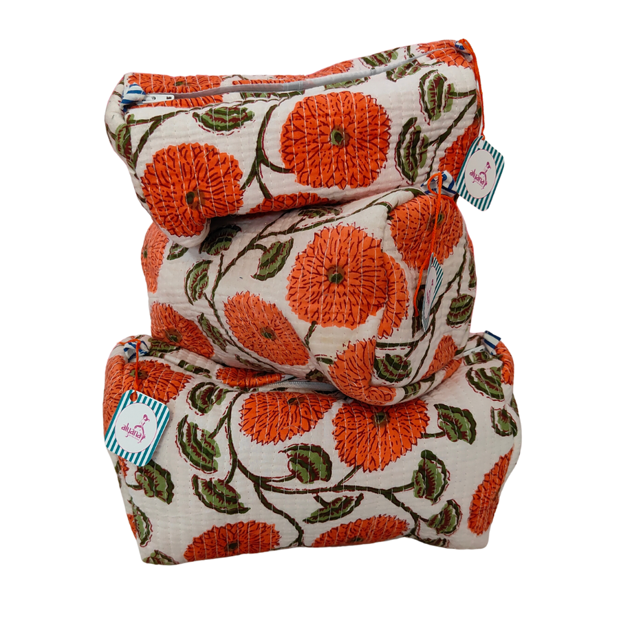 Multipurpose Cotton Fabric Pouches Set of 3 – Floral Travel, Makeup & Organizer Bags (Floral Orange Flowers Print)