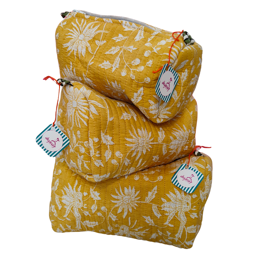 Multipurpose Cotton Fabric Pouches Set of 3 – Floral Travel, Makeup & Organizer Bags (Floral Yellow Print)