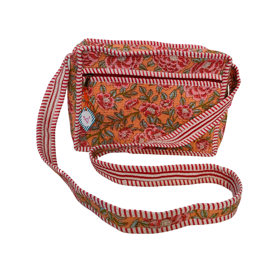Women's Fabric Side Sling Bag with Zipper – Yellow Striped Heart Print Crossbody Bag (Multicolor) Style 1