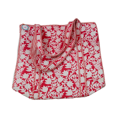 Handmade Floral Print Tote Bag – Premium Fabric Reusable Shopping & Everyday Carry Bag (RED Floral Print)