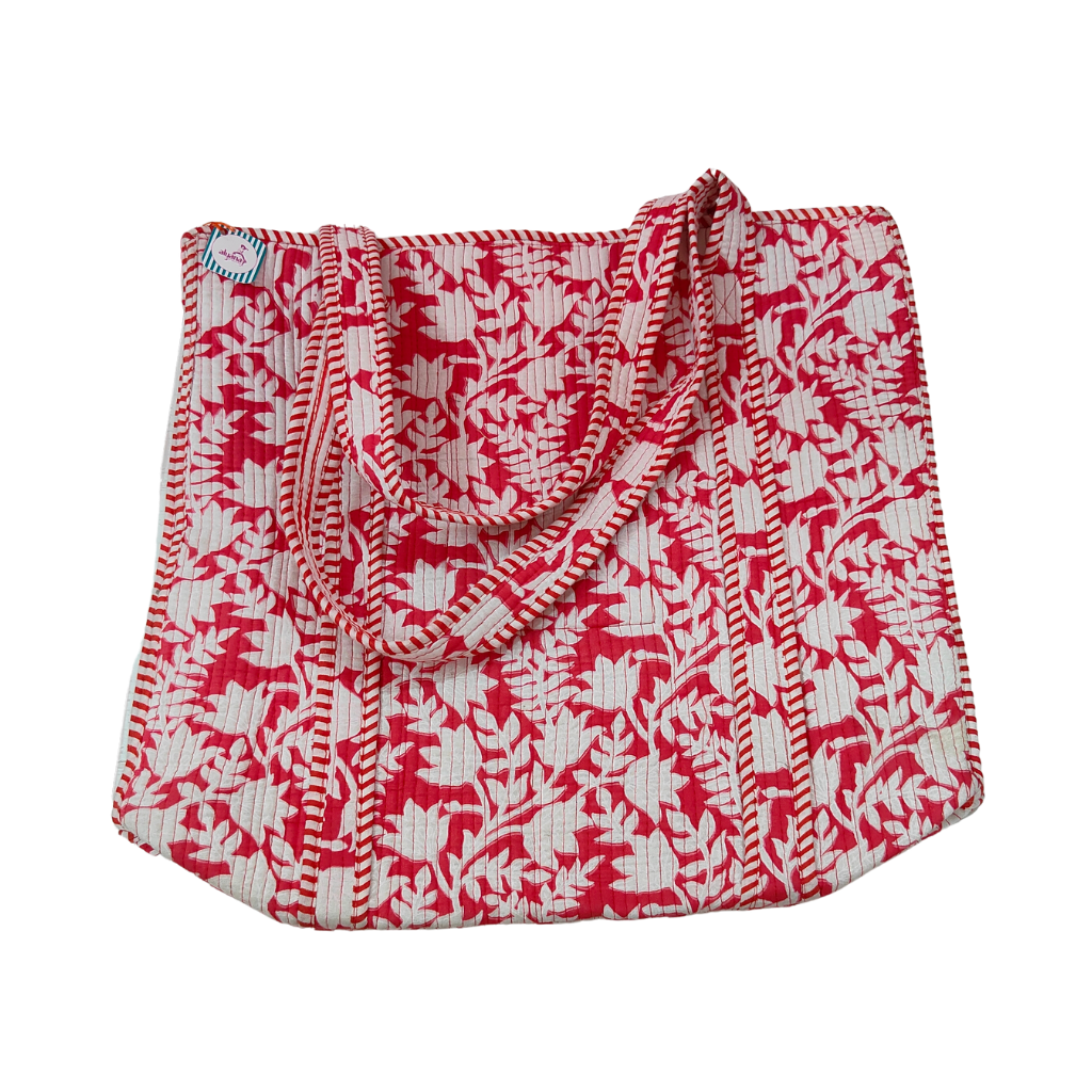 Handmade Floral Print Tote Bag – Premium Fabric Reusable Shopping & Everyday Carry Bag (RED Floral Print)