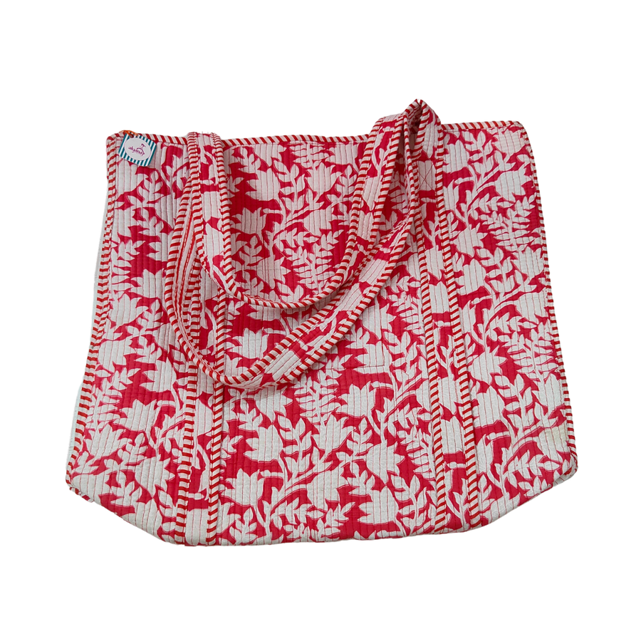 Handmade Floral Print Tote Bag – Premium Fabric Reusable Shopping & Everyday Carry Bag (RED Floral Print)