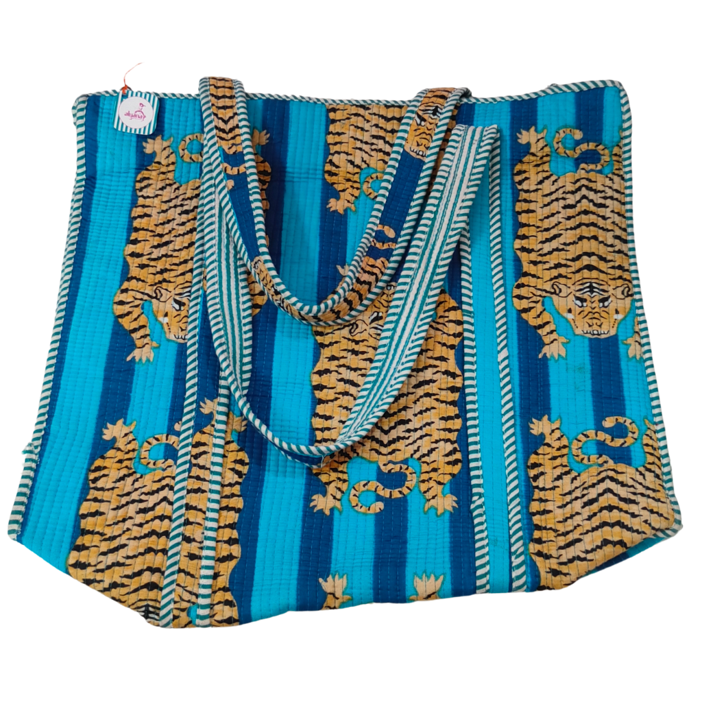 Handmade Floral Print Tote Bag – Premium Fabric Reusable Shopping & Everyday Carry Bag ( Blue Tiger Print)
