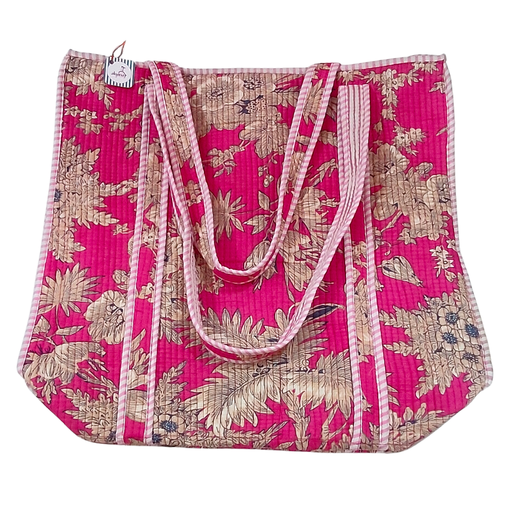 Handmade Floral Print Tote Bag – Premium Fabric Reusable Shopping & Everyday Carry Bag (Pink Floral Print)