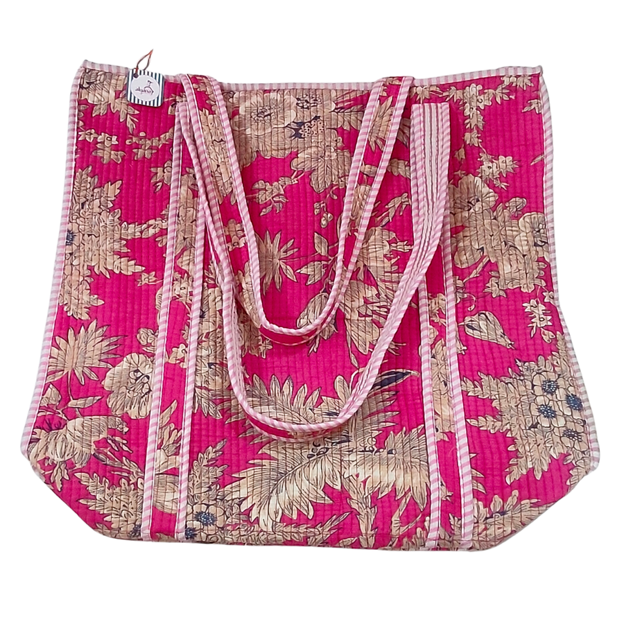Handmade Floral Print Tote Bag – Premium Fabric Reusable Shopping & Everyday Carry Bag (Pink Floral Print)